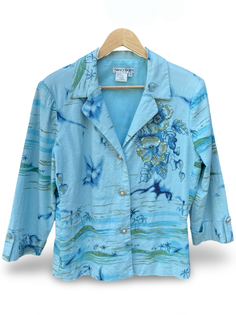Vintage Nancy Bolen Linen Tropical Scenic Beaded Blazer Jacket Resort Wear Blue